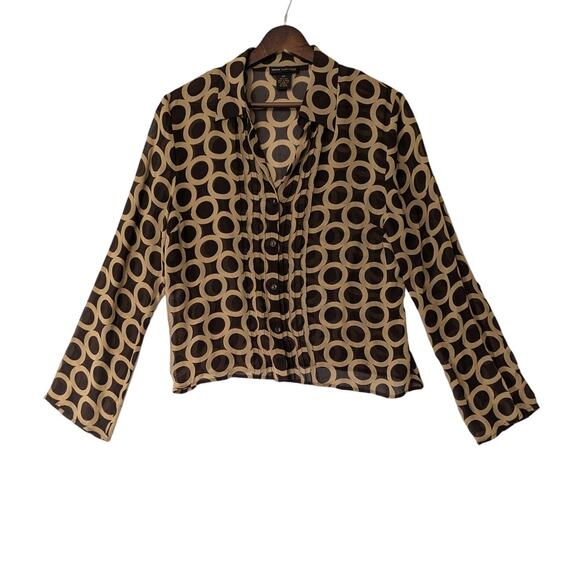 Grace Dane Lewis Womens Silk Brown Circle Link Button Up Sheer Blouse Size 12P - Picture 1 of 8